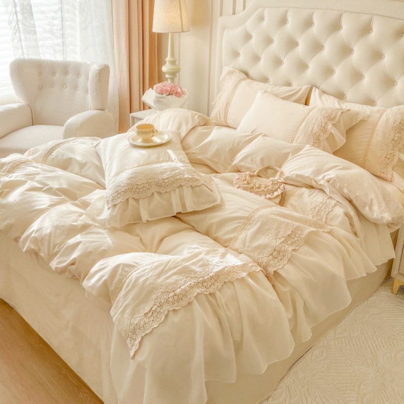 法式奶油风全棉水洗棉床上四件套少女公主风高级蕾丝花边被套
