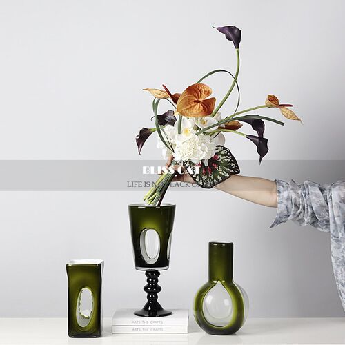 现代艺术绿色中古花瓶插花样板房花艺客厅玄关餐桌玻璃花器装饰品