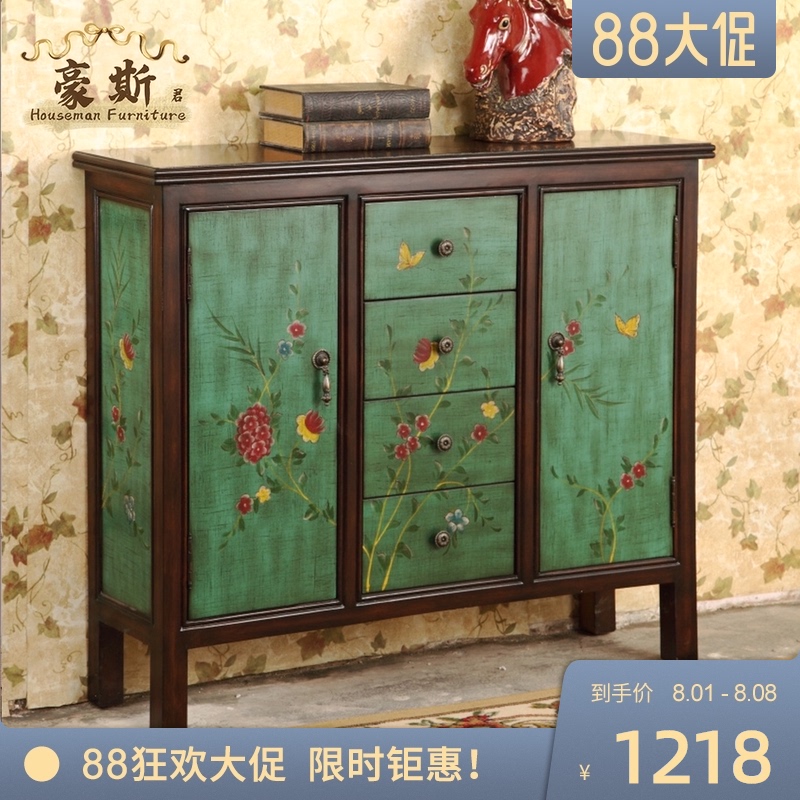 绿色彩绘田园斗柜餐边柜家具边柜门E厅柜玄关柜装饰柜储物多功能