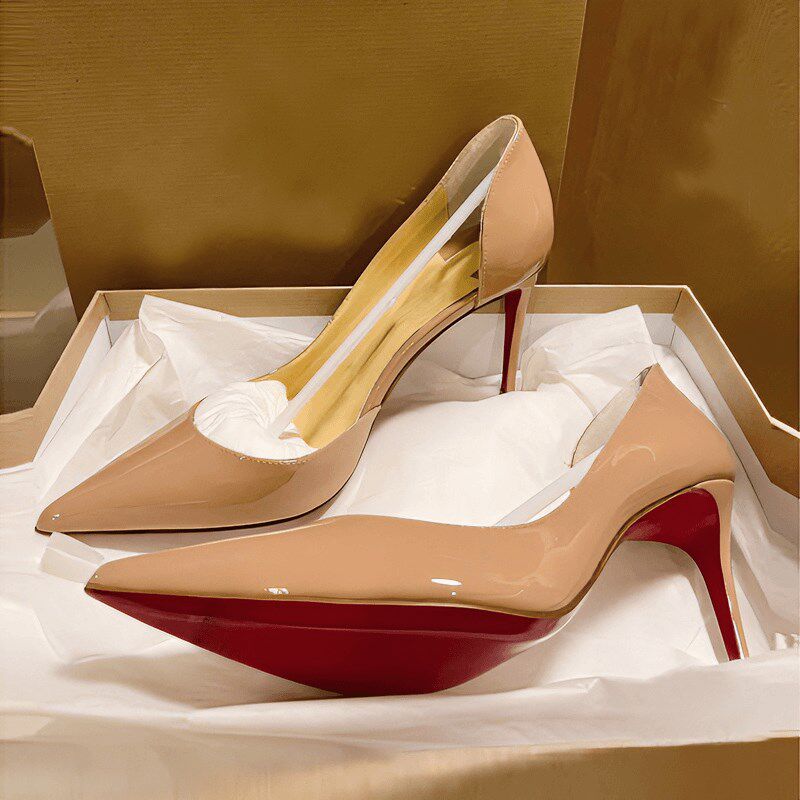 裸色高跟鞋女细跟k2025年新款红底鞋尖头浅口气质漆皮职业侧空单