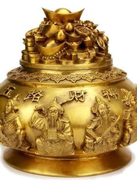 开盖聚宝盆摆件纯铜五路财神大号工艺品家居客厅装饰品办公室开业