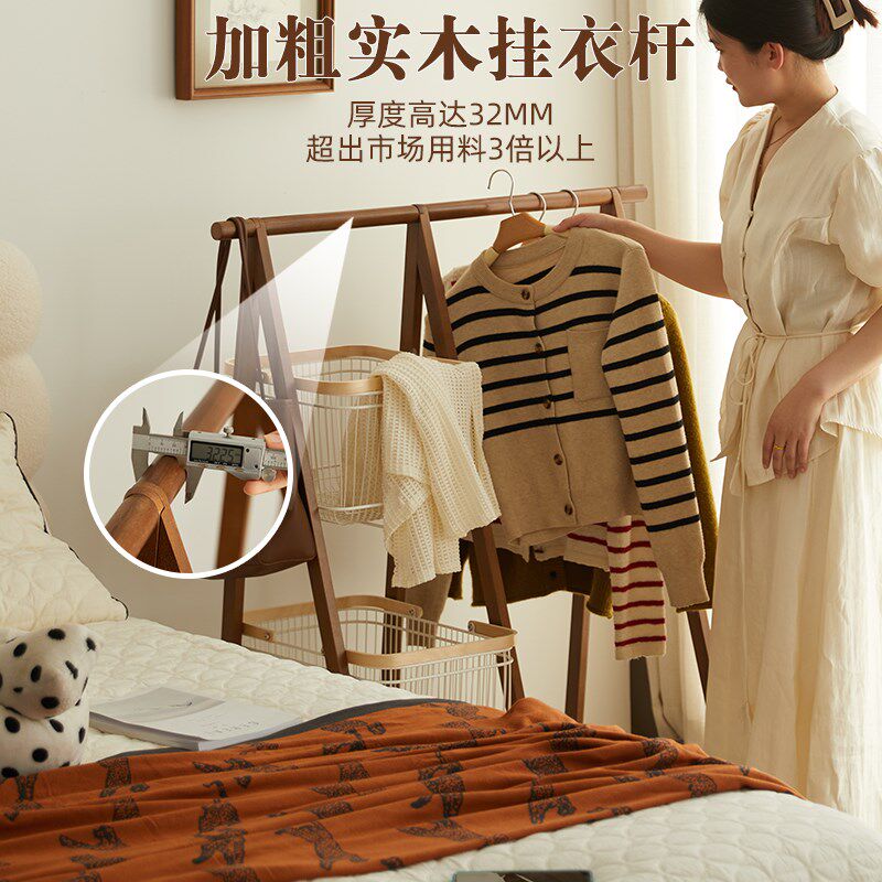 实木中古风衣帽架落地卧室可移动脏衣篓家用挂衣架室内简约晾衣架
