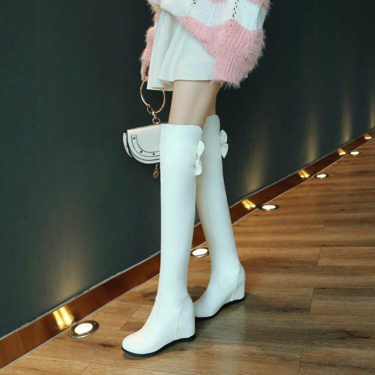过膝长靴子女秋冬季内增高t单靴蝴蝶结甜美坡跟瘦瘦靴高筒靴马丁