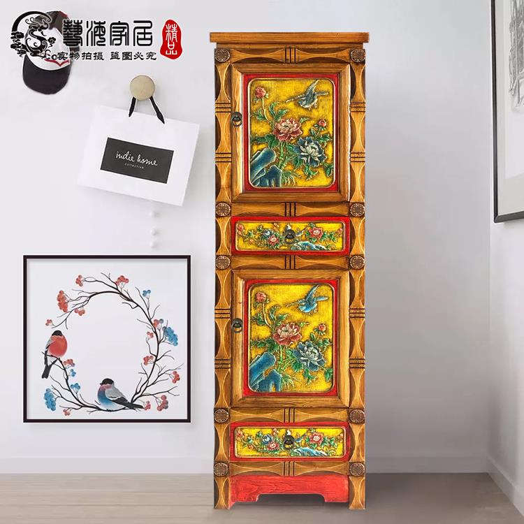 书柜落地手绘立柜置物架古典新中式书架实木禅意茶室彩绘展示柜