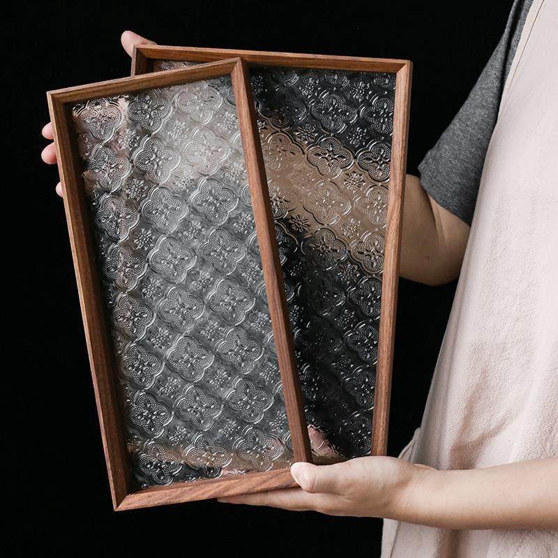 覆古海棠花玻璃托盘家用长方形胡桃木茶盘水杯子茶具水果茶点心盘,餐饮具,餐用托盘,淘宝优惠券,粉丝福利购,淘宝优惠卷