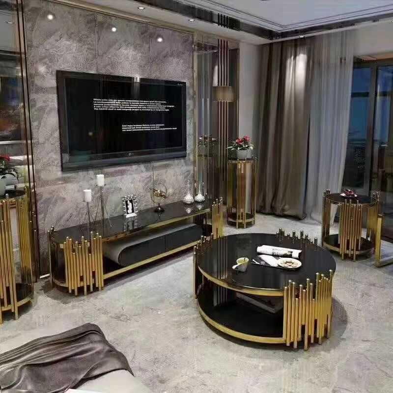轻奢后现代电视柜茶几组合简约小户型家用不锈钢玻璃镀金家具套装