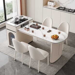 奶油风岛台加餐桌一体岩板导台现代简约小户型家用饭桌可伸缩岛台