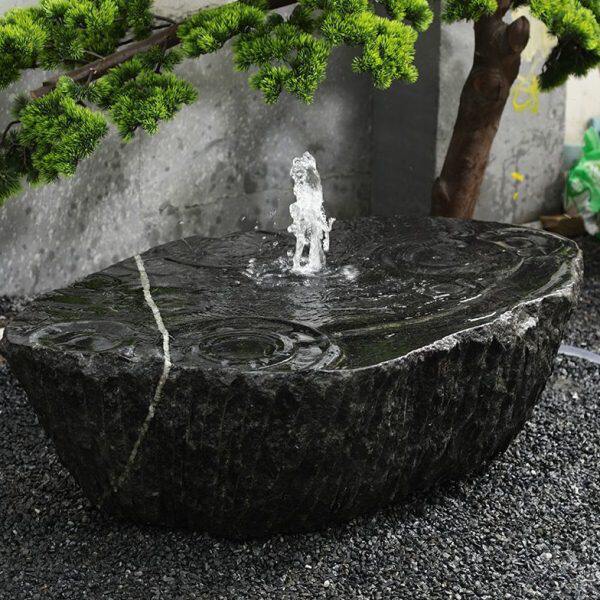 石钵黑山石水钵盆庭院流水景观禅意摆件新中式户外养鱼池石盆