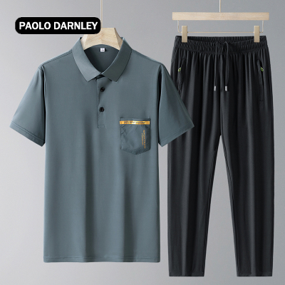 PAOLO DARNLEY/保罗达恩利中年休闲男冰丝POLO衫男短袖套装速干