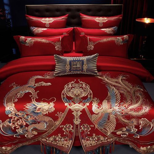 高端婚庆四件套长绒棉大红刺绣龙凤新结婚房喜被全棉纯棉十件