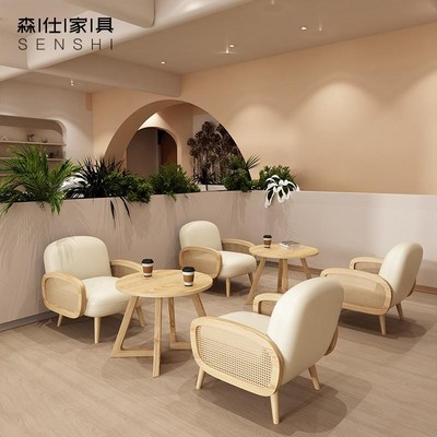 网红奶茶店咖啡厅书吧休闲区甜品冷饮店编藤沙发公区接待洽谈桌椅
