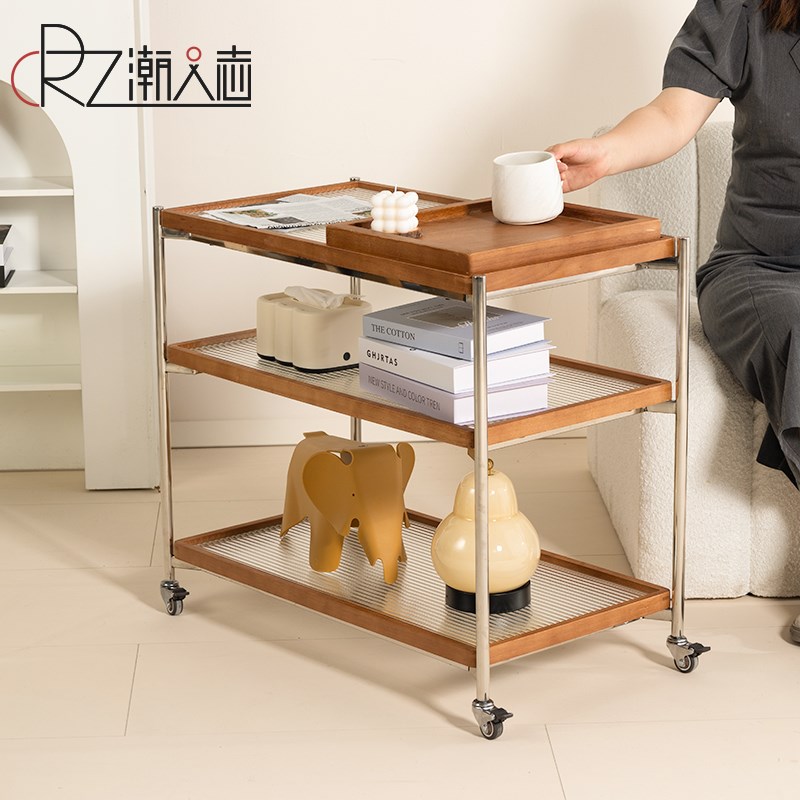 复中古边几客厅家用沙发侧边柜多层置物架可移动不锈钢小推车茶几
