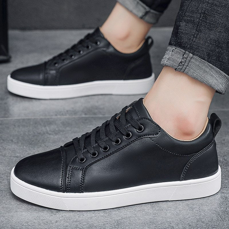 黑面白底板鞋男士黑色商务休闲鞋子男2024新款工作鞋皮平底防水滑