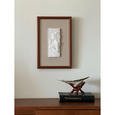 【穆夏】女e神羽毛石膏立体浮雕中古小众高级装饰客厅玄关床头挂