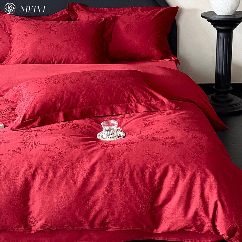 高级感100S全棉婚庆四件套红色结婚喜被纯棉提花婚嫁被套床上用品