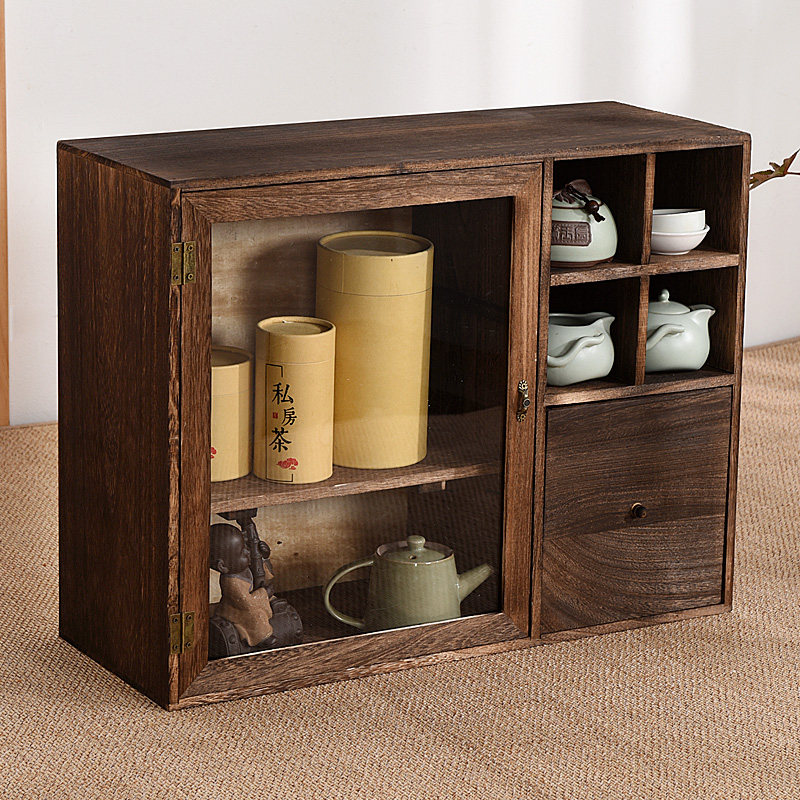实木防尘玻璃桌面收纳盒茶壶化妆品文具置物架茶具收纳柜抽屉餐柜,收纳整理,桌面收纳盒,淘宝优惠券,粉丝福利购,淘宝优惠卷