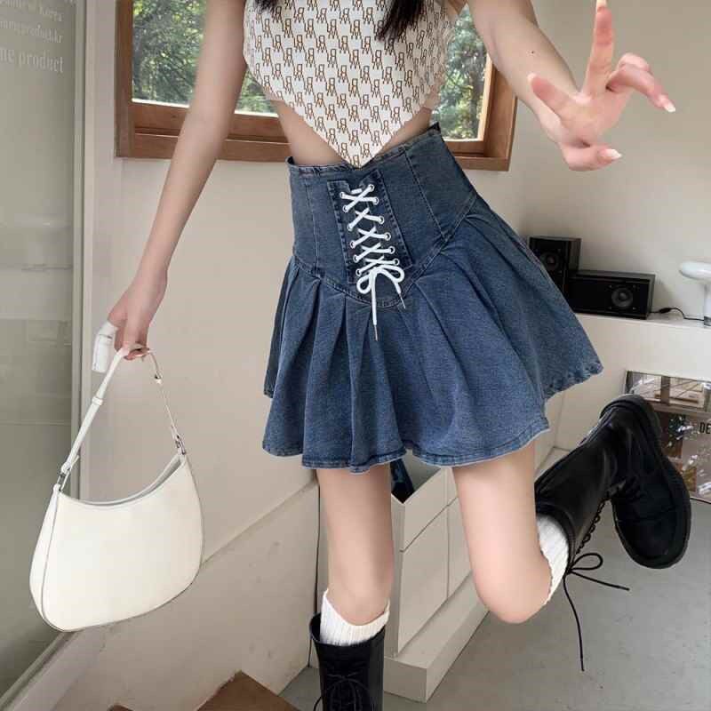 【折扣价】开学季辣妹套装女弹力牛仔百褶裙韩版学生交叉绑带裙碎