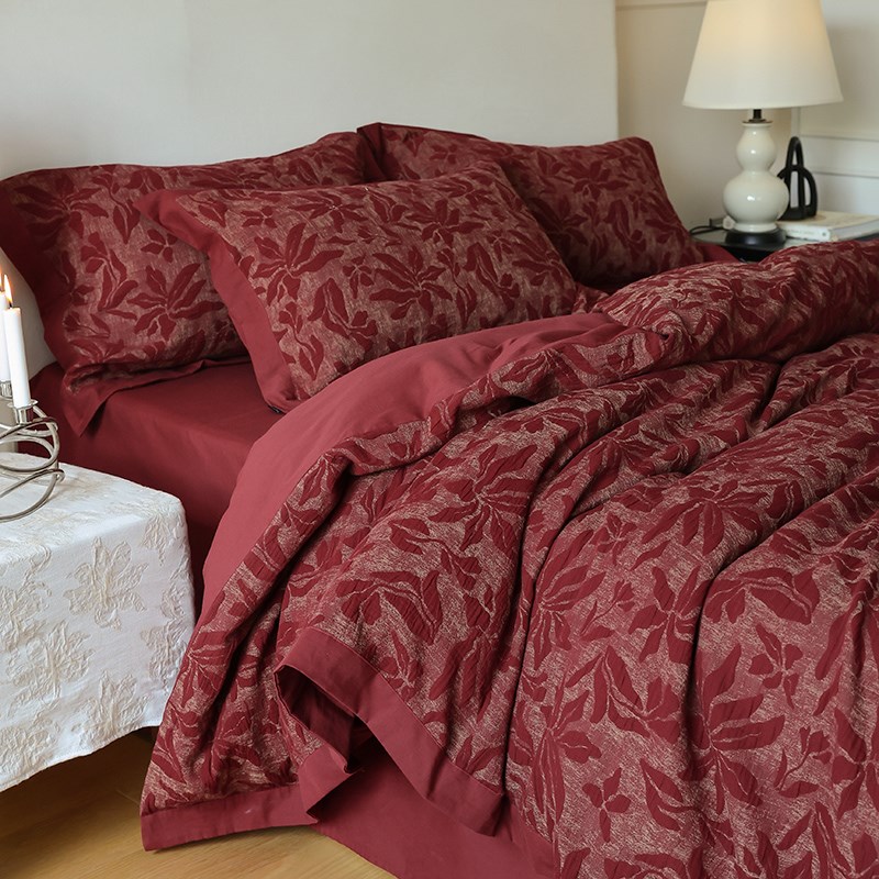 意式风婚庆全棉水洗棉提花被套四件套红色纯棉超柔结婚床单礼物