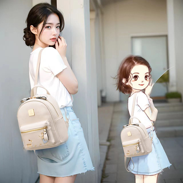 小女孩外出包包小背包2024新款大容量pu白绿R书包少女口袋双肩包