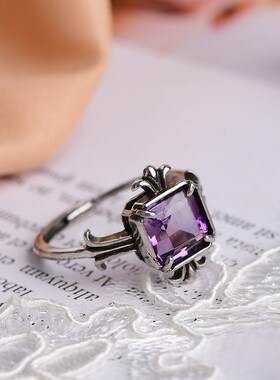 天然紫水晶刻面方形戒指F 活口镶嵌 D112