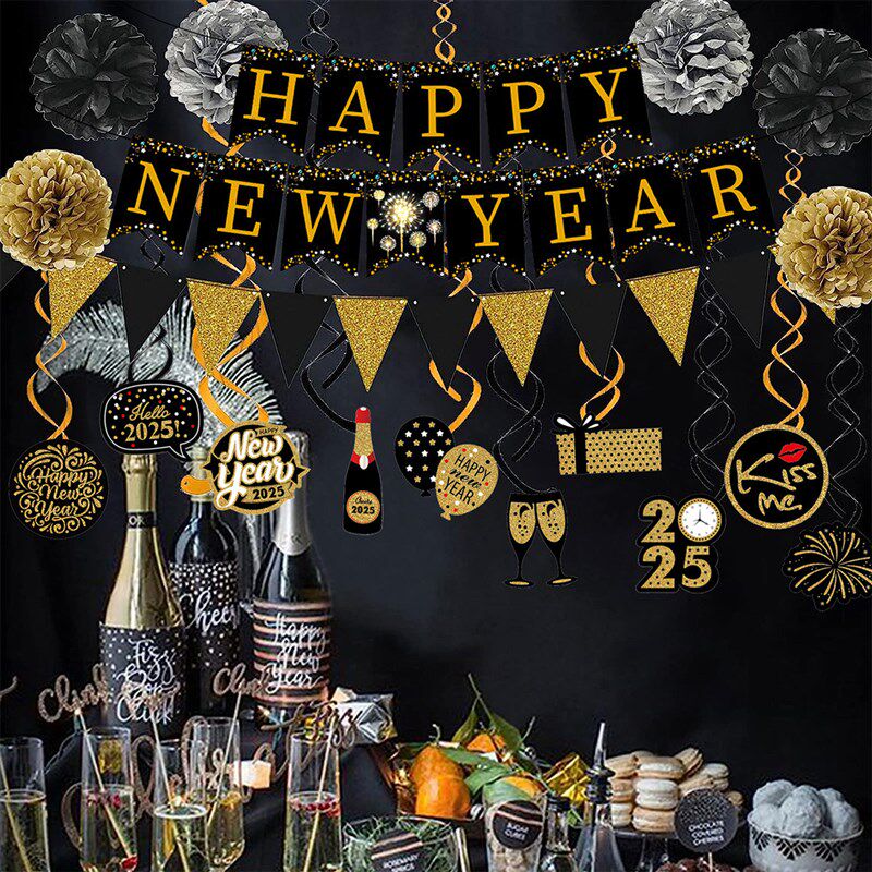 2025新年派对聚会装饰拉旗三角旗纸花球螺旋挂饰套装新年场地背景