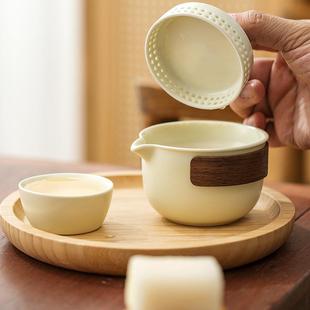 陶瓷快客杯一壶四杯户外车载便携式 汝窑旅行茶具茶杯套装 茶壶茶具