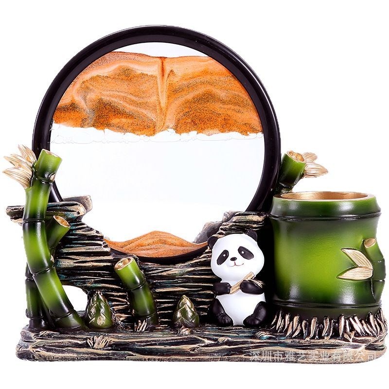 创意熊猫竹子笔筒流沙画摆件装饰客厅玄关书房书柜办公室毕业礼品