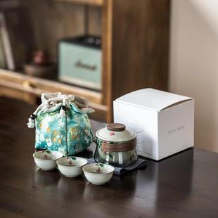 户外露营泡茶壶便携收纳布包 手绘陶瓷旅行茶具快客杯防烫玻璃套装