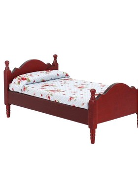 1:12娃娃屋dollhouse迷你家具袖珍卧室蓝色花布单人床工艺品