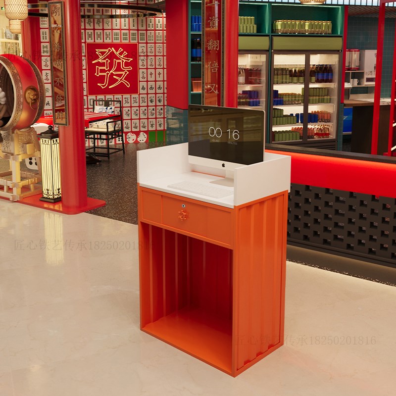 奶油风铁艺吧台酒吧火锅餐饮服装店集装箱小型收银台带灯迎宾台