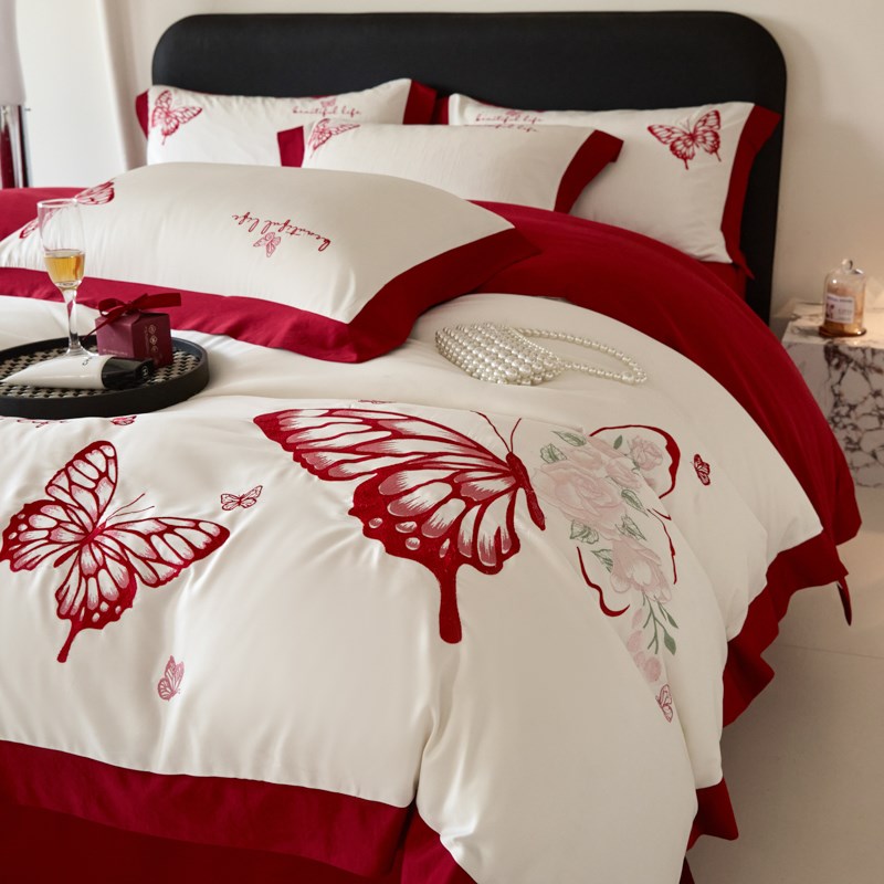 中式结婚四件套婚庆大红色刺绣被套床单婚房陪嫁床上用品