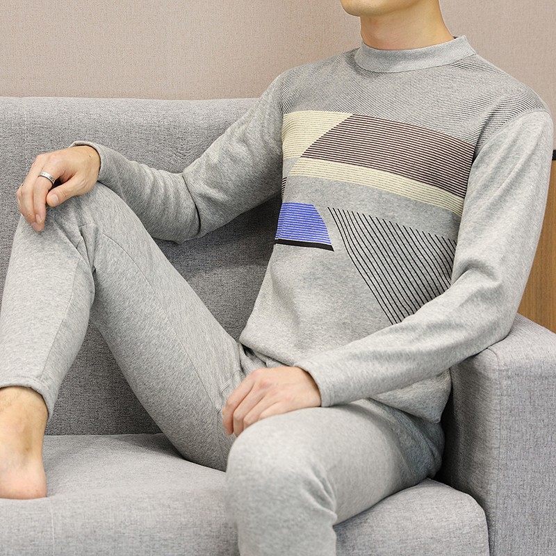 男士加绒加厚保暖内衣套装男中老年秋衣秋裤青年圆领打底棉毛衫冬