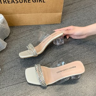 大尺码女鞋41-42法式粗跟凉拖鞋鞋夏外穿一字带透明水晶高跟水钻