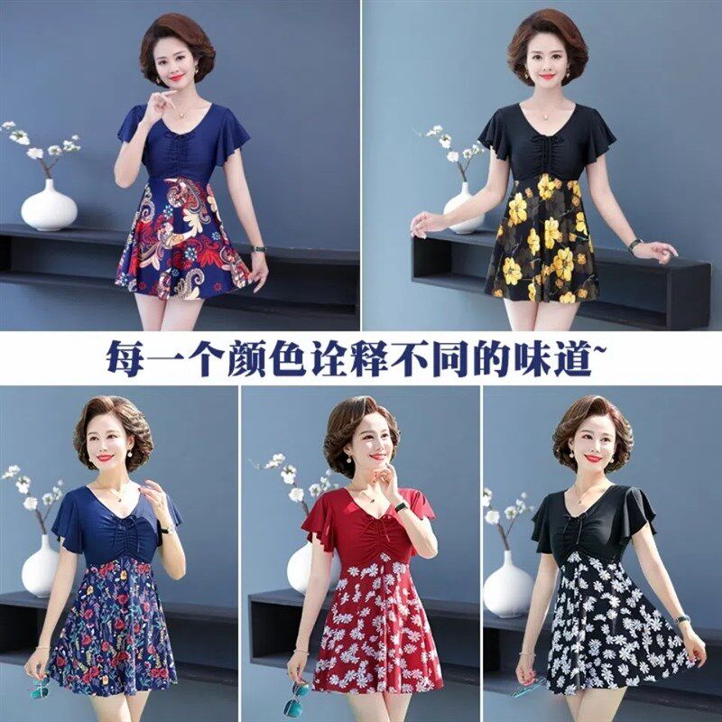 妈妈泳衣中老年2025新款女士连体保守高级感收腰遮肚显瘦大码泳装