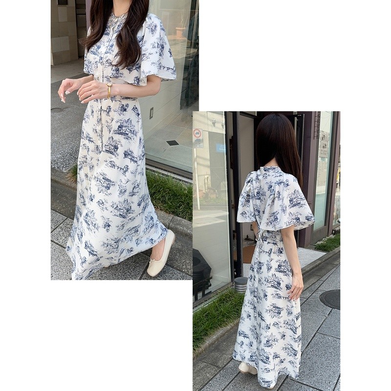 日本GRL古典印花披肩袖喇叭长裙后背绑带收腰显瘦优雅复古连衣裙图片