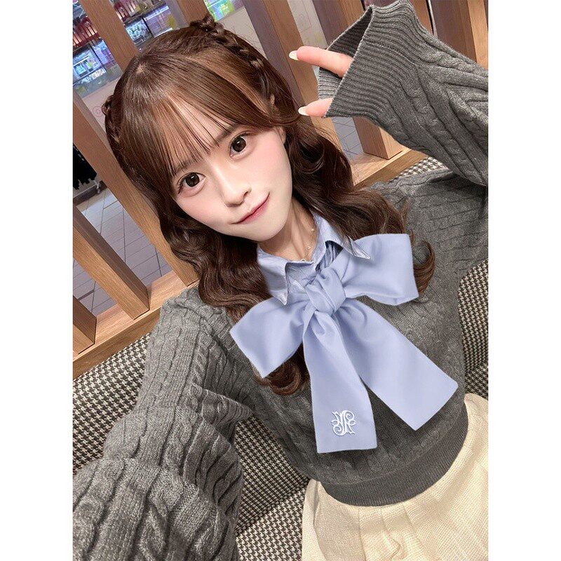 日本代购GRL女士可拆卸大丝带假两件麻花针织上衣学院风显瘦上衣
