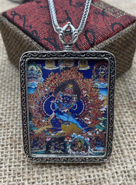 布达拉宫大威德金刚半手绘唐卡挂坠复古做旧泰银守护吊坠男女项链