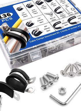 136PCS电缆夹组合套件304不锈钢橡胶垫管夹10 种尺寸热销组合
