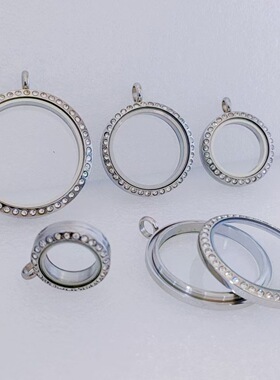 圆形镶钻不锈钢嘎乌盒朱砂相盒唐卡盒螺纹可打开吊坠项链个性风潮