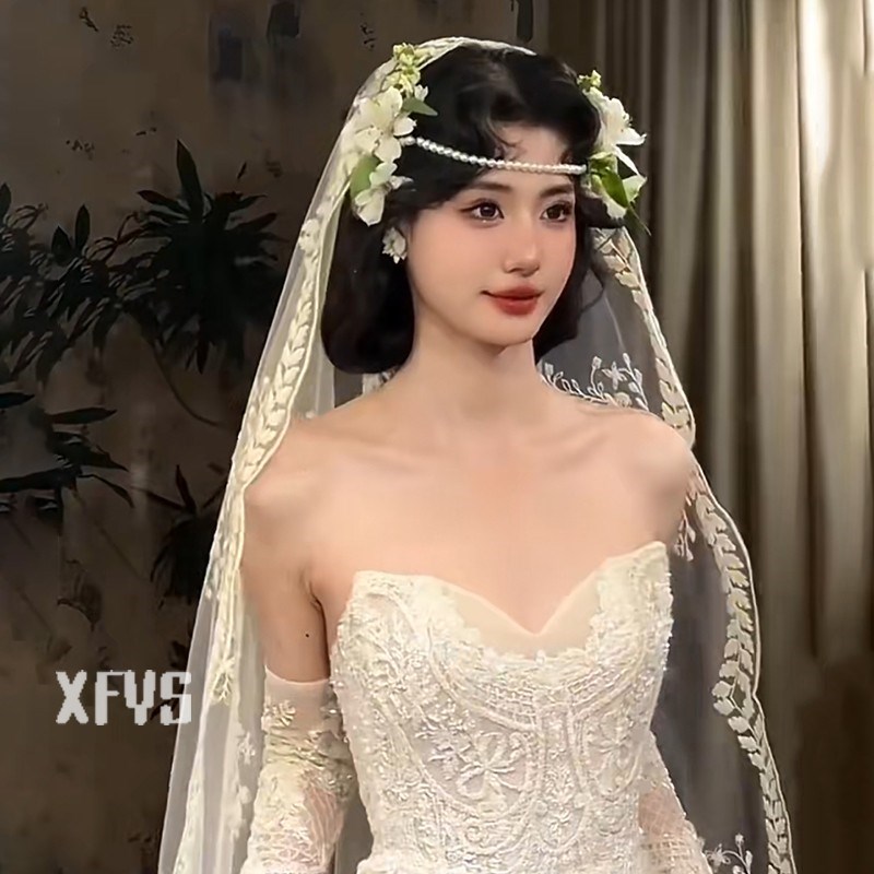 复古蕾丝花边头纱新娘主婚纱森系造型订J婚鱼尾裙发饰法式结婚配