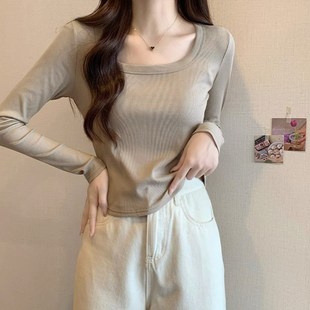 显瘦短款 弧形下摆方领长袖 辣妹修身 t恤女秋季 V叠穿内搭上衣服 新款