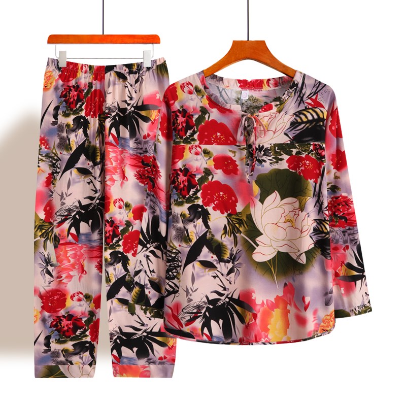 奶奶夏装长袖薄款套装仿t冰丝家居服中老年人女装妈妈大码老人衣