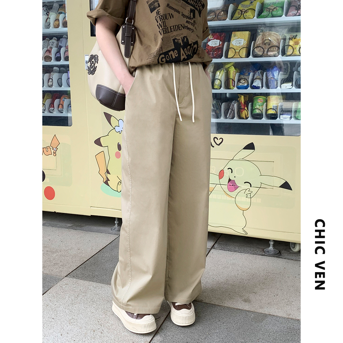 CV大码女装 街头运动撞色抽绳挺括高腰阔腿工装R休闲裤女宽松显瘦