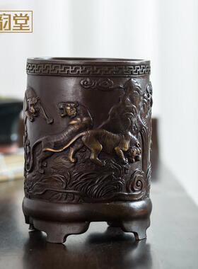 铜韵堂 铜制五虎笔筒摆件 创意个性书房装饰品教师节礼物铜工艺品