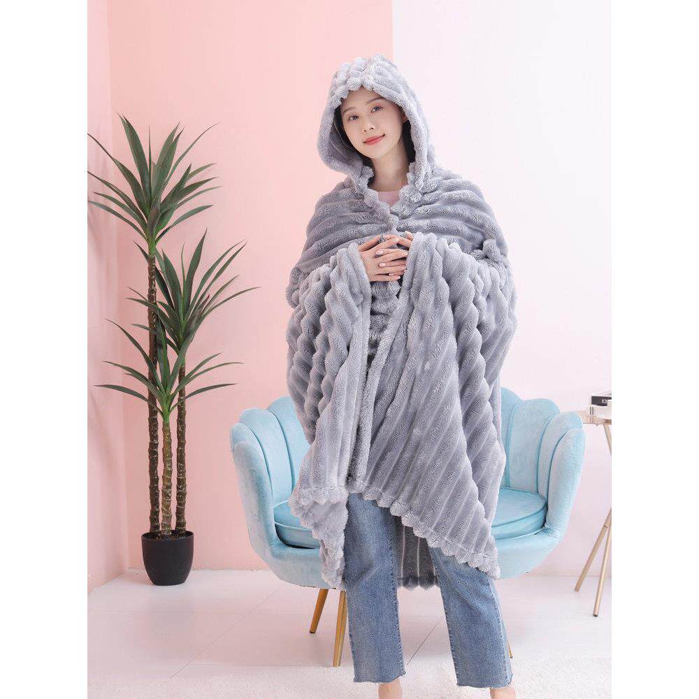 纯色加厚午睡毛毯学生披肩带帽披风毯子办公室空调毯四季通用斗篷