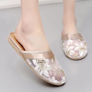 女士家居凉拖鞋夏季防滑地板室内托 托鞋女蕾丝家用居家鞋亚麻拖