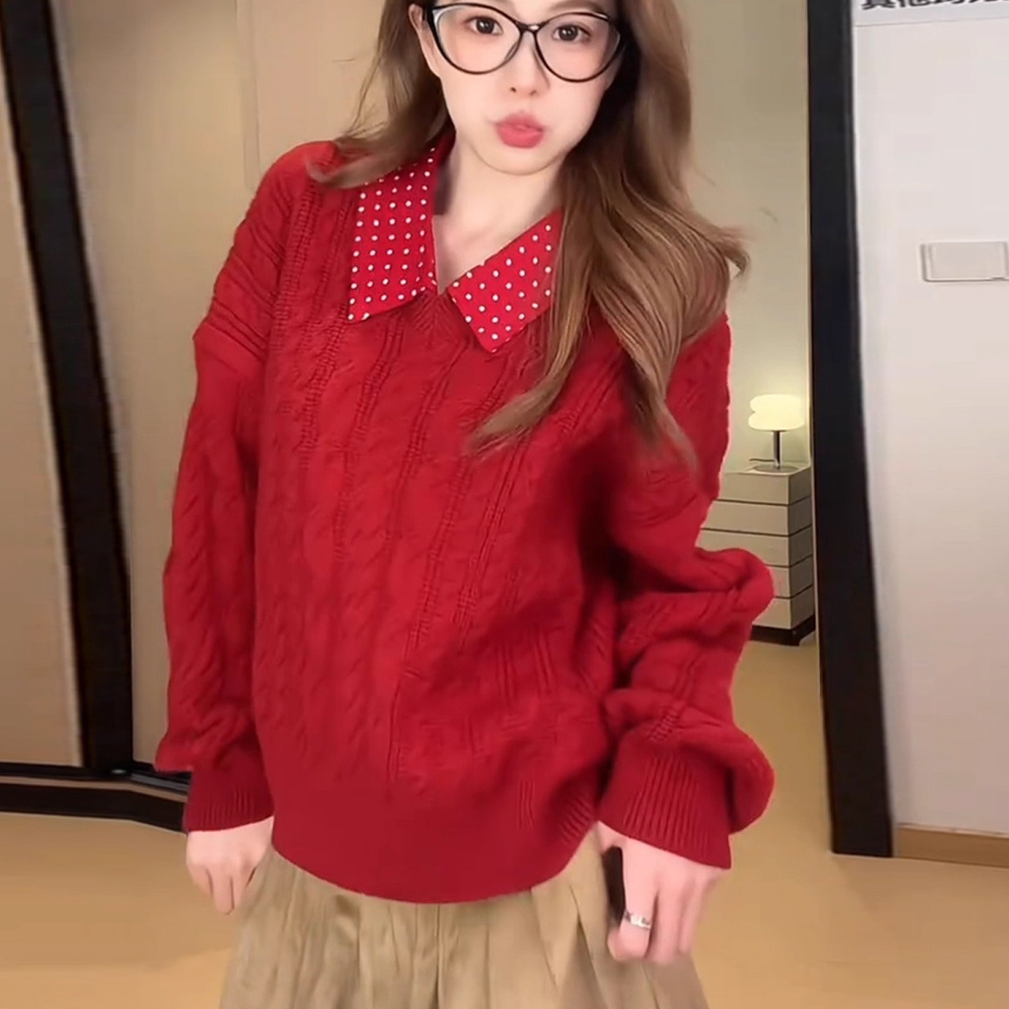 韩系宽松显瘦假两件POLO领毛衣