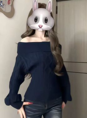 韩系一字肩长袖毛衣女秋冬季新款收腰套头针织衫露肩显瘦打底上衣