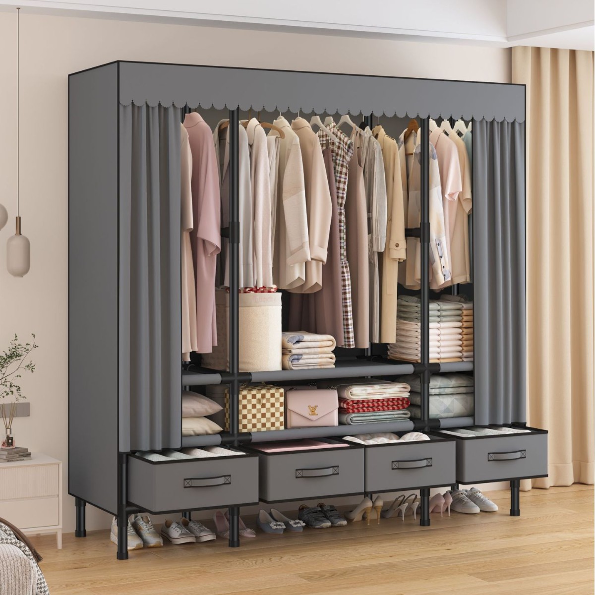 带抽屉简易衣柜家用卧室加固加粗简易衣橱出租房用挂衣柜结实耐用