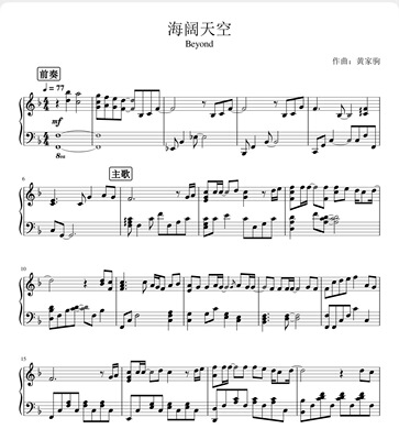 海阔天空-Beyond原版钢琴独奏谱-高清电子谱-流行歌曲谱电子版